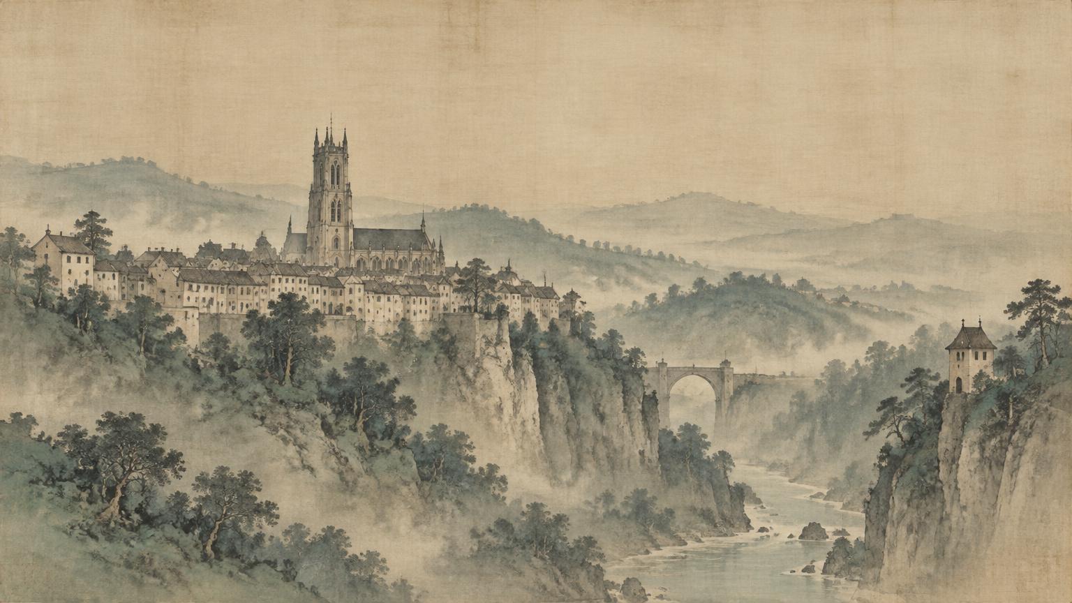 Vieille ville de Fribourg et gorges de la Sarine, peintes à l'encre dans l'esprit des Song