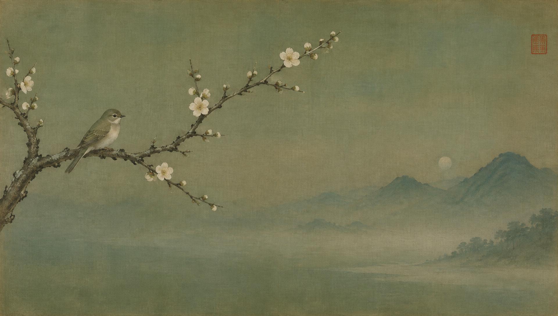 Branche de prunier et oiseau, peinture Song sur soie